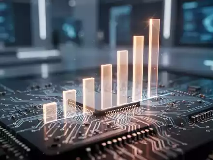 A close-up of a microchip with a glowing, abstract bar graph overlaid, symbolizing rising costs in the tech industry. - Foto: über boerse-global.de