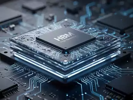 Close-up of advanced high-bandwidth memory (HBM) chips on a circuit board, glowing with subtle blue light, representing AI technology. - Foto: über boerse-global.de