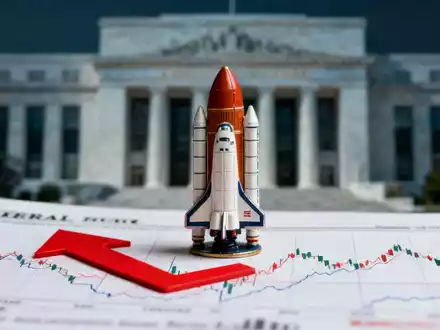 Miniaturrakete auf Finanzdokument mit roten Pfeilen und unscharfem Fed-Gebäude im Hintergrund, symbolisiert Kursrücksetzer. - Foto: über boerse-global.de
