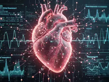 Eine Nahaufnahme einer digitalen Herzgrafik, überlagert mit medizinischen Daten und leuchtenden Linien, die Forschung und Therapie symbolisieren. - Foto: über boerse-global.de