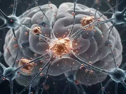 Mikroskopische Ansicht von Neuronen und Synapsen im Gehirn, mit glühenden Kupferpartikeln, die mit Proteinablagerungen interagieren. - Foto: über boerse-global.de