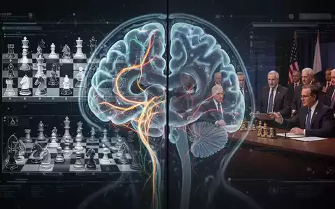 Ein Gehirnscan mit aktiven neuronalen Netzen, überlagert mit digitalen Elementen, die strategisches Denken und politische Entscheidungen darstellen. - Foto: über boerse-global.de
