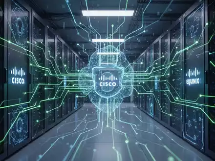Eine futuristische, sichere Datenfabrik mit leuchtenden blauen und grünen Netzwerkleitungen, die KI und Cybersicherheit symbolisieren. - Foto: über boerse-global.de