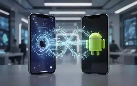 Two smartphones, an iPhone and an Android, wirelessly transferring data represented by glowing streams between them. - Foto: über boerse-global.de