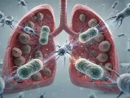 Mikroskopische Darstellung von Bakteriophagen, die Bakterienzellen in Lungengewebe angreifen, symbolisiert Phagentherapie bei Mukoviszidose. - Foto: über boerse-global.de