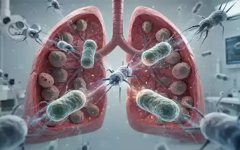 Mikroskopische Darstellung von Bakteriophagen, die Bakterienzellen in Lungengewebe angreifen, symbolisiert Phagentherapie bei Mukoviszidose. - Foto: über boerse-global.de