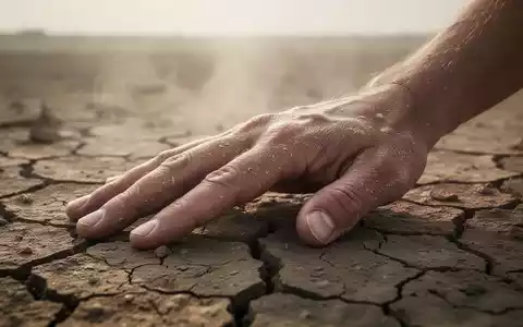 Eine Nahaufnahme einer menschlichen Hand auf ausgetrocknetem, rissigem Erdboden, der extreme Hitze und Dürre symbolisiert. - Foto: über boerse-global.de