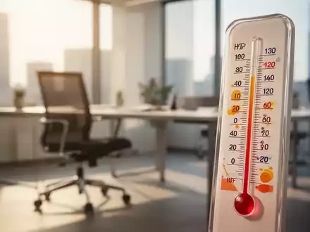Ein Thermometer zeigt hohe Temperaturen in einem sonnendurchfluteten, modernen Büroumfeld. - Foto: über boerse-global.de