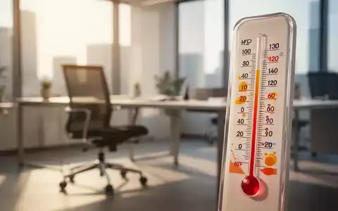 Ein Thermometer zeigt hohe Temperaturen in einem sonnendurchfluteten, modernen Büroumfeld. - Foto: über boerse-global.de