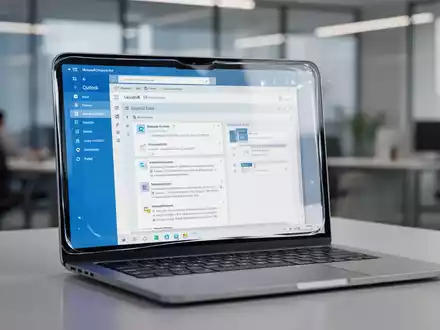 A close-up of a modern laptop screen showing the redesigned Microsoft Outlook interface with a Liquid Glass aesthetic. - Foto: über boerse-global.de