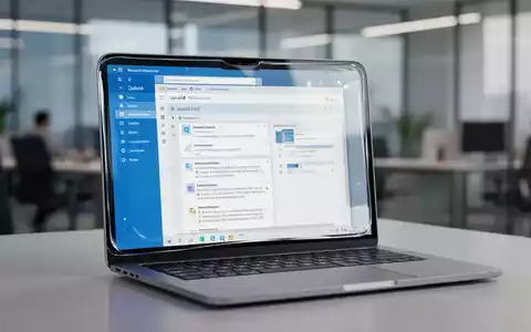 A close-up of a modern laptop screen showing the redesigned Microsoft Outlook interface with a Liquid Glass aesthetic. - Foto: über boerse-global.de