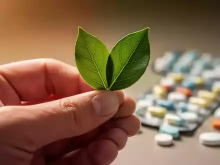 Eine Hand hält ein grünes Blatt, mit verschwommenen Pillen im Hintergrund, symbolisiert pflanzliche Medizin und Forschung. - Foto: über boerse-global.de