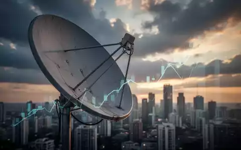 Ein Satellitenschüssel vor einem dramatischen Himmel, mit einer subtilen Abwärtstrendgrafik über einer verschwommenen Stadtlandschaft. - Foto: über boerse-global.de