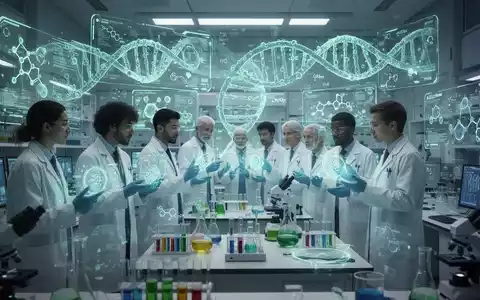 Scientists in a futuristic lab interacting with holographic projections and AI interfaces displaying scientific data and research. - Foto: über boerse-global.de