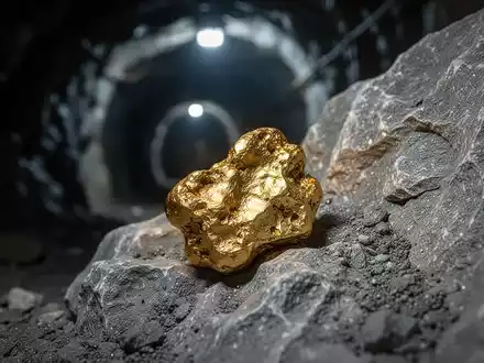Ein großes, glänzendes Goldnugget, teilweise in rauem grauen Fels eingebettet, mit einem unscharfen Minentunnel im Hintergrund. - Foto: über boerse-global.de