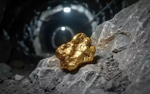 Ein großes, glänzendes Goldnugget, teilweise in rauem grauen Fels eingebettet, mit einem unscharfen Minentunnel im Hintergrund. - Foto: über boerse-global.de