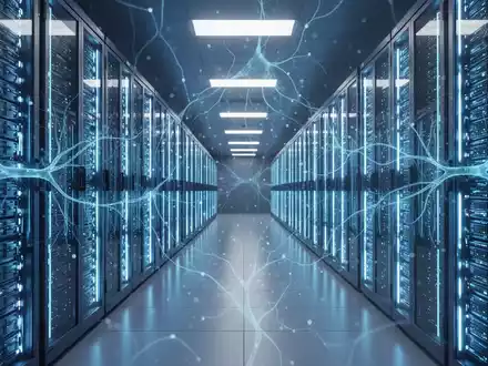 A vast, modern data center with rows of illuminated server racks, representing Microsoft's cloud infrastructure and AI strategy. - Foto: über boerse-global.de