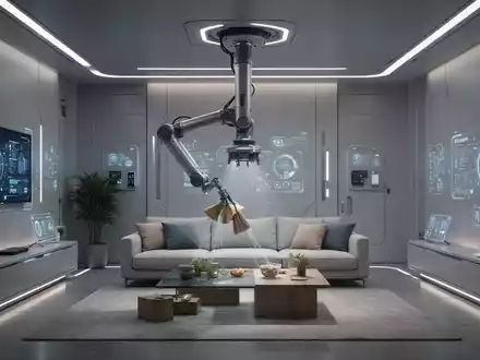 Ein futuristisches, minimalistisches Wohnzimmer mit einem Roboterarm, der von der Decke herabsteigt und Gegenstände aufräumt. - Foto: über boerse-global.de