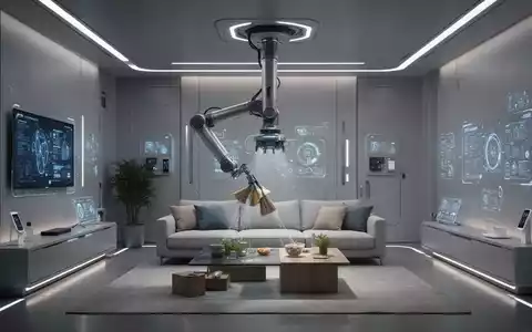 Ein futuristisches, minimalistisches Wohnzimmer mit einem Roboterarm, der von der Decke herabsteigt und Gegenstände aufräumt. - Foto: über boerse-global.de