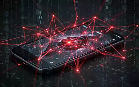 Ein Smartphone-Bildschirm mit roten, leuchtenden Linien, die ein bösartiges digitales Netzwerk überlagern, vor einem Hintergrund aus Binärcode. - Foto: über boerse-global.de