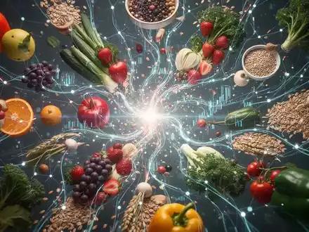 Abstrakte Darstellung von Datenströmen, die sich um gesunde Lebensmittel wie Obst und Gemüse bewegen, symbolisierend datenbasierte Ernährung. - Foto: über boerse-global.de