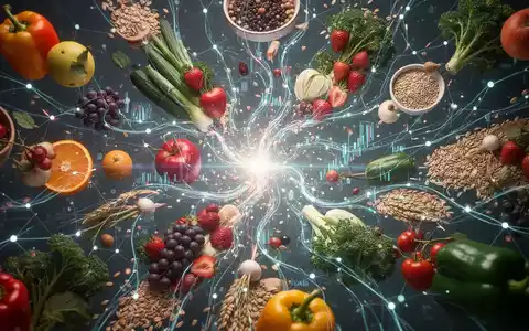 Abstrakte Darstellung von Datenströmen, die sich um gesunde Lebensmittel wie Obst und Gemüse bewegen, symbolisierend datenbasierte Ernährung. - Foto: über boerse-global.de