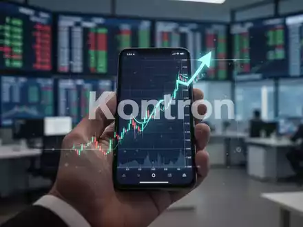 Eine Hand hält ein Smartphone mit einem steigenden Aktienchart, im Hintergrund ein unscharfes modernes Büro. - Foto: über boerse-global.de