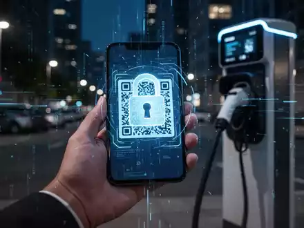 A hand holding a smartphone scanning a QR code with a digital lock icon, an EV charging station in the background, representing quishing. - Foto: über boerse-global.de