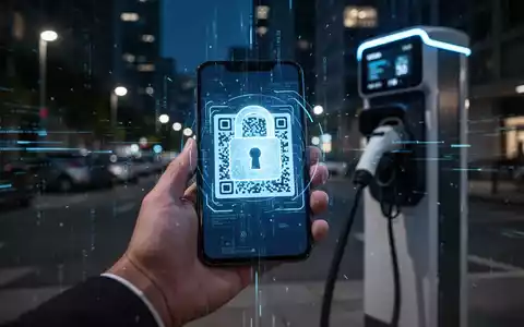 A hand holding a smartphone scanning a QR code with a digital lock icon, an EV charging station in the background, representing quishing. - Foto: über boerse-global.de