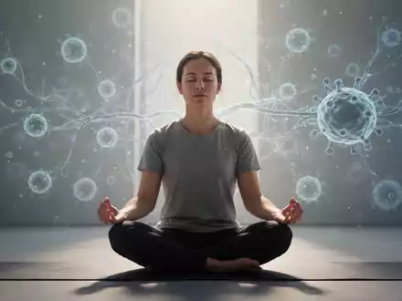 Eine Person meditiert in einer ruhigen Umgebung, sanftes Licht fällt auf ihr Gesicht. Abstrakte Elemente im Hintergrund symbolisieren neuronale Verbindungen und Immunsystem. - Foto: über boerse-global.de