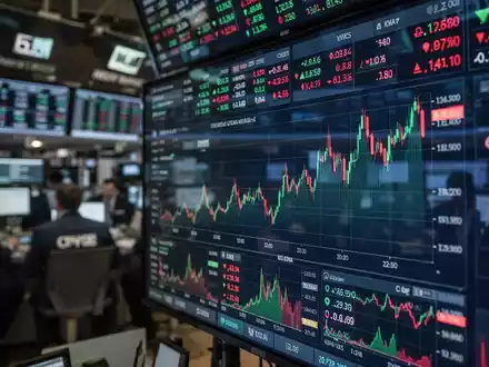 Ein Börsenticker zeigt Finanzdaten mit verschwommenem Hintergrund eines geschäftigen Handelssaals. - Foto: über boerse-global.de