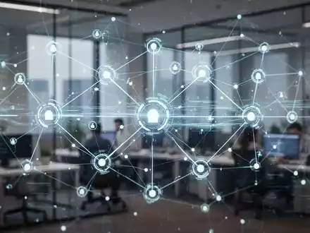 A glowing digital network representing advanced workflow management, with data streams connecting nodes over a blurred office background. - Foto: über boerse-global.de
