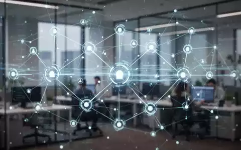 A glowing digital network representing advanced workflow management, with data streams connecting nodes over a blurred office background. - Foto: über boerse-global.de