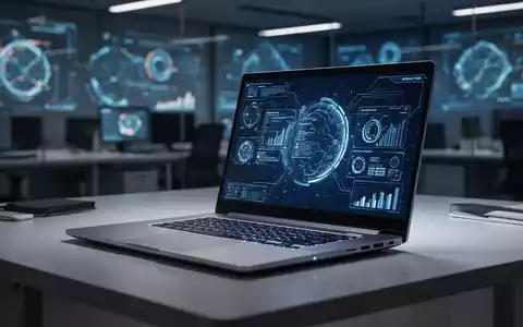 A sleek, open AI-enabled business laptop on a modern desk, with a vibrant screen displaying a professional interface. - Foto: über boerse-global.de