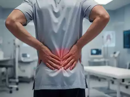 Eine Person mit Rückenschmerzen, die sich den unteren Rücken hält, in einer modernen medizinischen oder therapeutischen Umgebung. - Foto: über boerse-global.de
