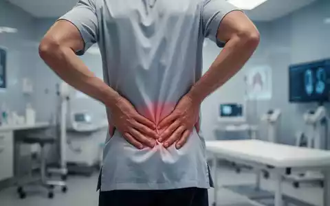 Eine Person mit Rückenschmerzen, die sich den unteren Rücken hält, in einer modernen medizinischen oder therapeutischen Umgebung. - Foto: über boerse-global.de