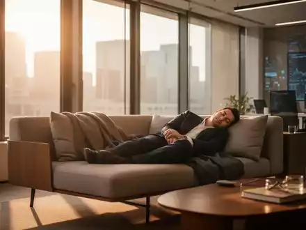 Eine Person macht ein friedliches Nickerchen auf einem modernen Bürosofa in einem sonnendurchfluteten Büro. - Foto: über boerse-global.de