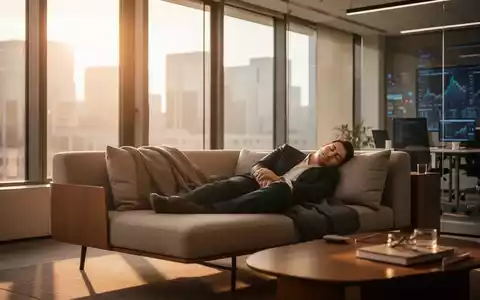 Eine Person macht ein friedliches Nickerchen auf einem modernen Bürosofa in einem sonnendurchfluteten Büro. - Foto: über boerse-global.de