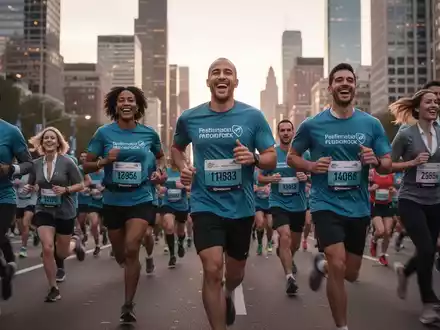 Geschäftsleute in Team-T-Shirts laufen bei einem Firmenlauf durch eine Stadt, im Hintergrund eine Skyline bei Sonnenuntergang. - Foto: über boerse-global.de