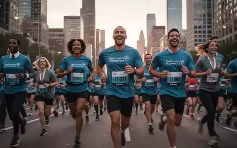 Geschäftsleute in Team-T-Shirts laufen bei einem Firmenlauf durch eine Stadt, im Hintergrund eine Skyline bei Sonnenuntergang. - Foto: über boerse-global.de