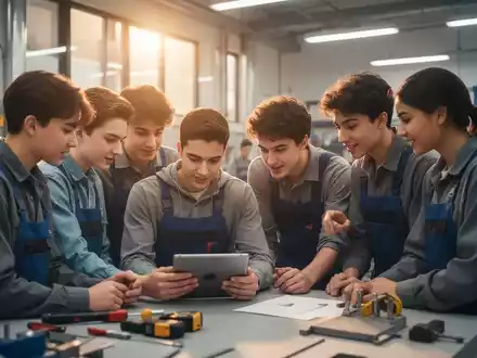 Junge Auszubildende arbeiten in einem modernen Schulungsraum zusammen, ein Tablet nutzend, um psychische Gesundheit und digitale Balance zu fördern. - Foto: über boerse-global.de