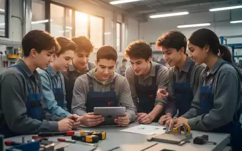 Junge Auszubildende arbeiten in einem modernen Schulungsraum zusammen, ein Tablet nutzend, um psychische Gesundheit und digitale Balance zu fördern. - Foto: über boerse-global.de