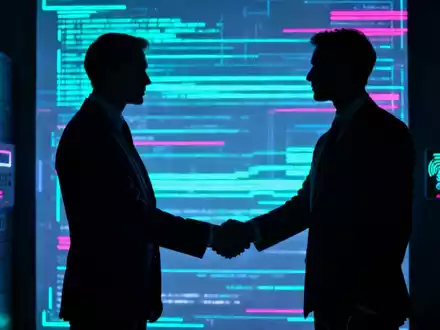Zwei Anzugträger bei einem Handschlag vor einer digitalen Benutzeroberfläche, die Datenströme anzeigt, in einer sicheren Umgebung. - Foto: über boerse-global.de