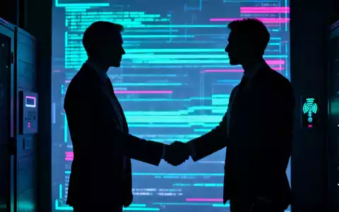 Zwei Anzugträger bei einem Handschlag vor einer digitalen Benutzeroberfläche, die Datenströme anzeigt, in einer sicheren Umgebung. - Foto: über boerse-global.de