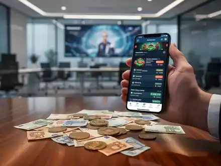 Eine Hand hält ein Smartphone mit einer Wett-App, griechische Euro-Banknoten liegen auf einem Holztisch, im Hintergrund ein Büro. - Foto: über boerse-global.de
