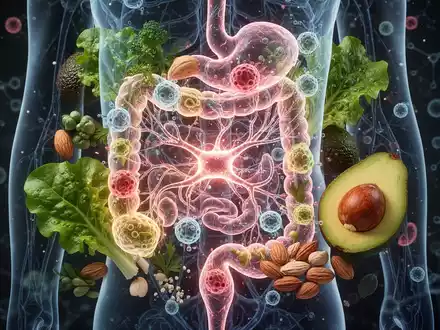 Ein stilisiertes Bild des Darmmikrobioms mit leuchtenden Nervenbahnen, umgeben von frischen, gesunden Low-Carb-Lebensmitteln. - Foto: über boerse-global.de