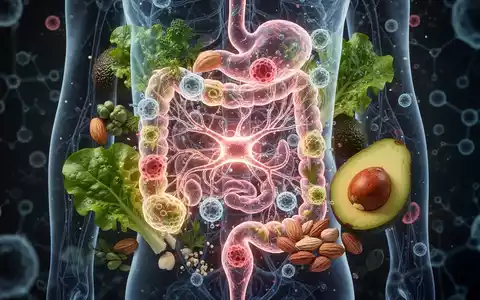 Ein stilisiertes Bild des Darmmikrobioms mit leuchtenden Nervenbahnen, umgeben von frischen, gesunden Low-Carb-Lebensmitteln. - Foto: über boerse-global.de