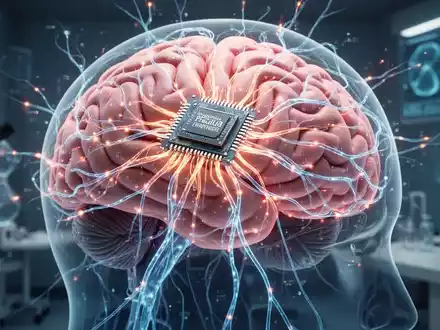 Nahaufnahme eines Hirnchips auf der Oberfläche eines Gehirns mit leuchtenden neuronalen Pfaden, symbolisiert Fortschritt in der BCI-Technologie. - Foto: über boerse-global.de