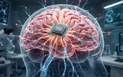 Nahaufnahme eines Hirnchips auf der Oberfläche eines Gehirns mit leuchtenden neuronalen Pfaden, symbolisiert Fortschritt in der BCI-Technologie. - Foto: über boerse-global.de