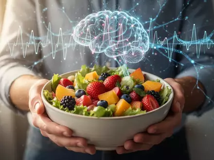 Hände halten eine Schale mit frischem, gesundem Essen, im Hintergrund eine angedeutete Darstellung der Darm-Hirn-Achse. - Foto: über boerse-global.de